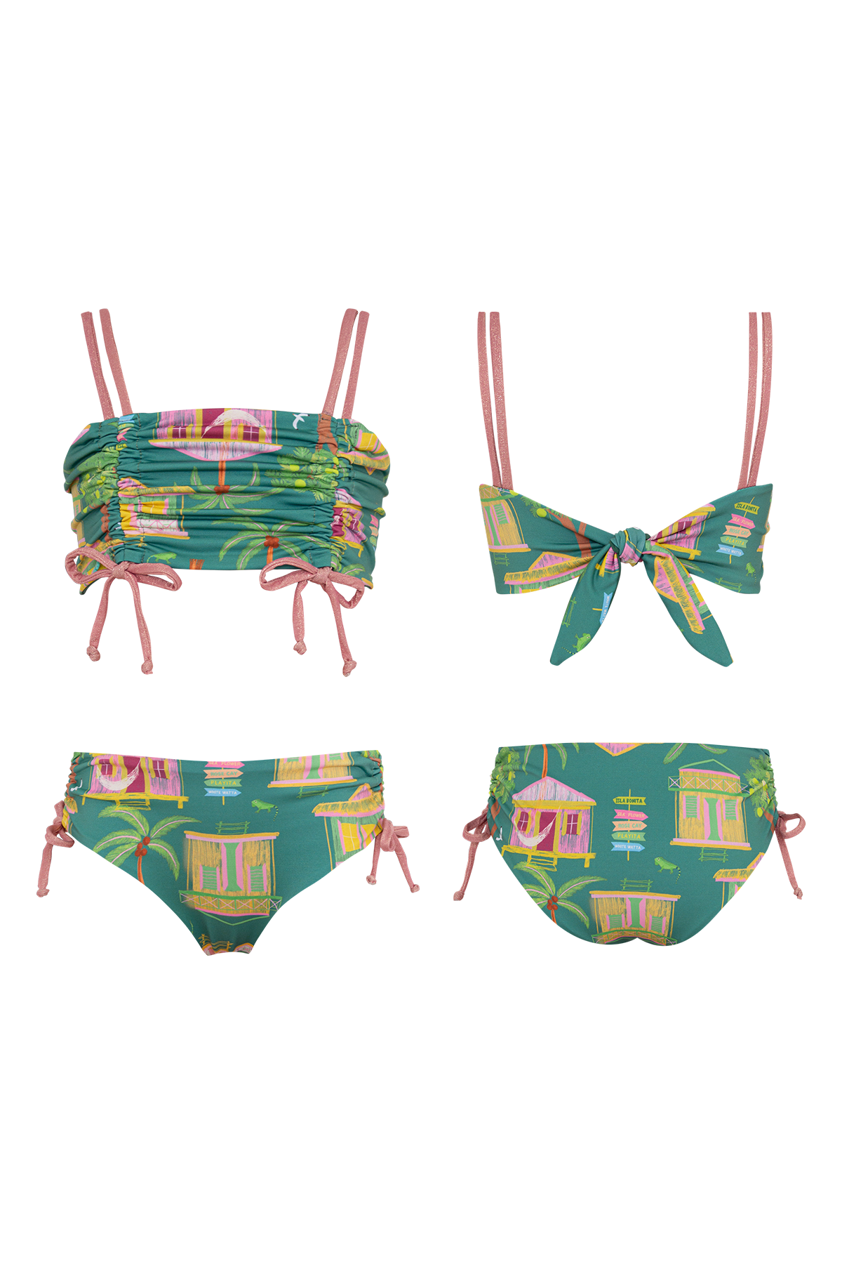 Bikini para niña estampado verde con top fruncido y protección solar UPF 50+