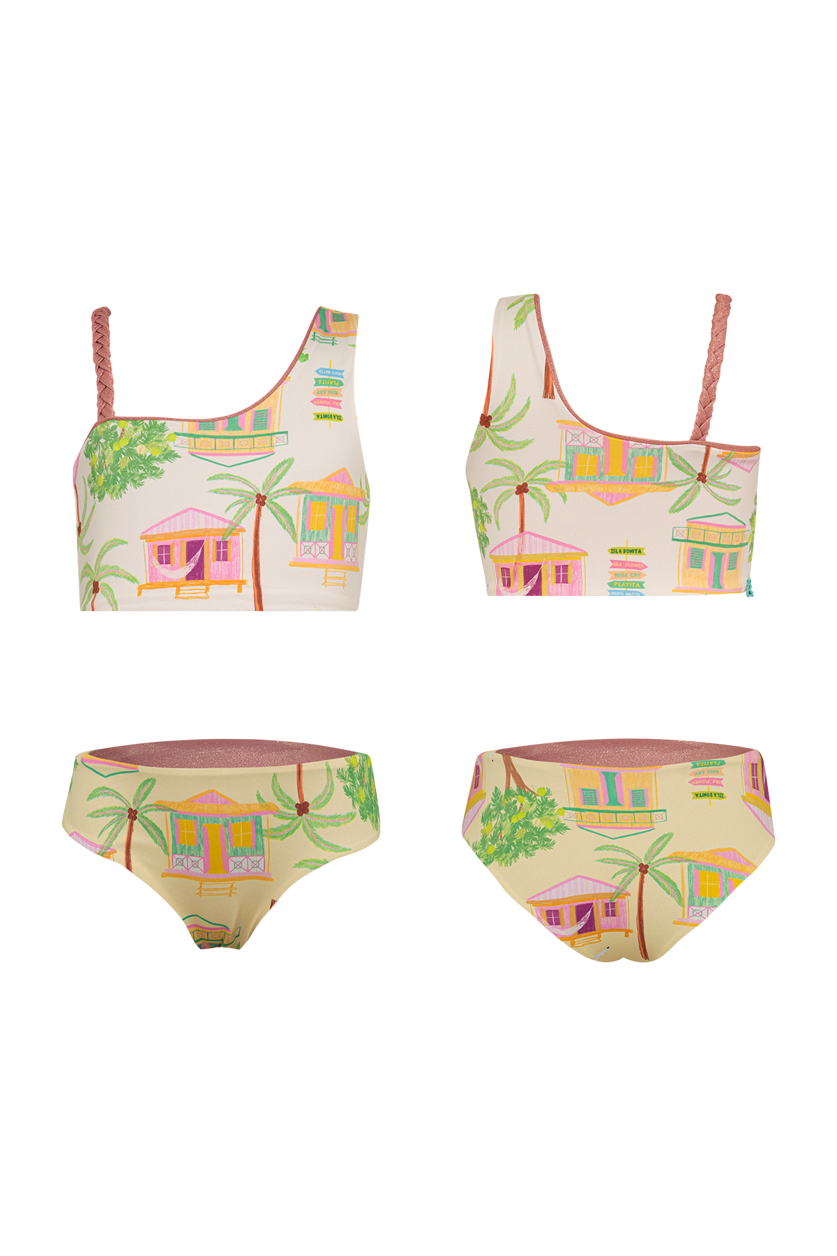 Bikini para niña de un hombro color arena con diseño de dos piezas