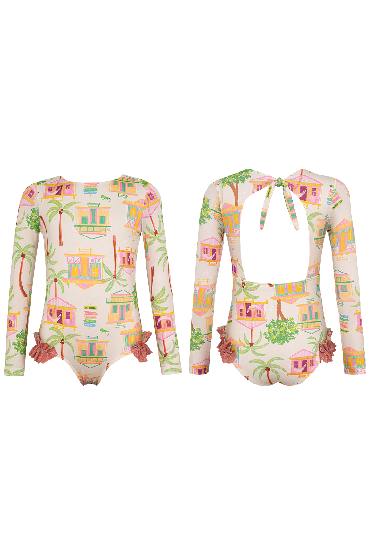 Vestido de baño enterizo manga larga color arena con protección solar UPF 50+