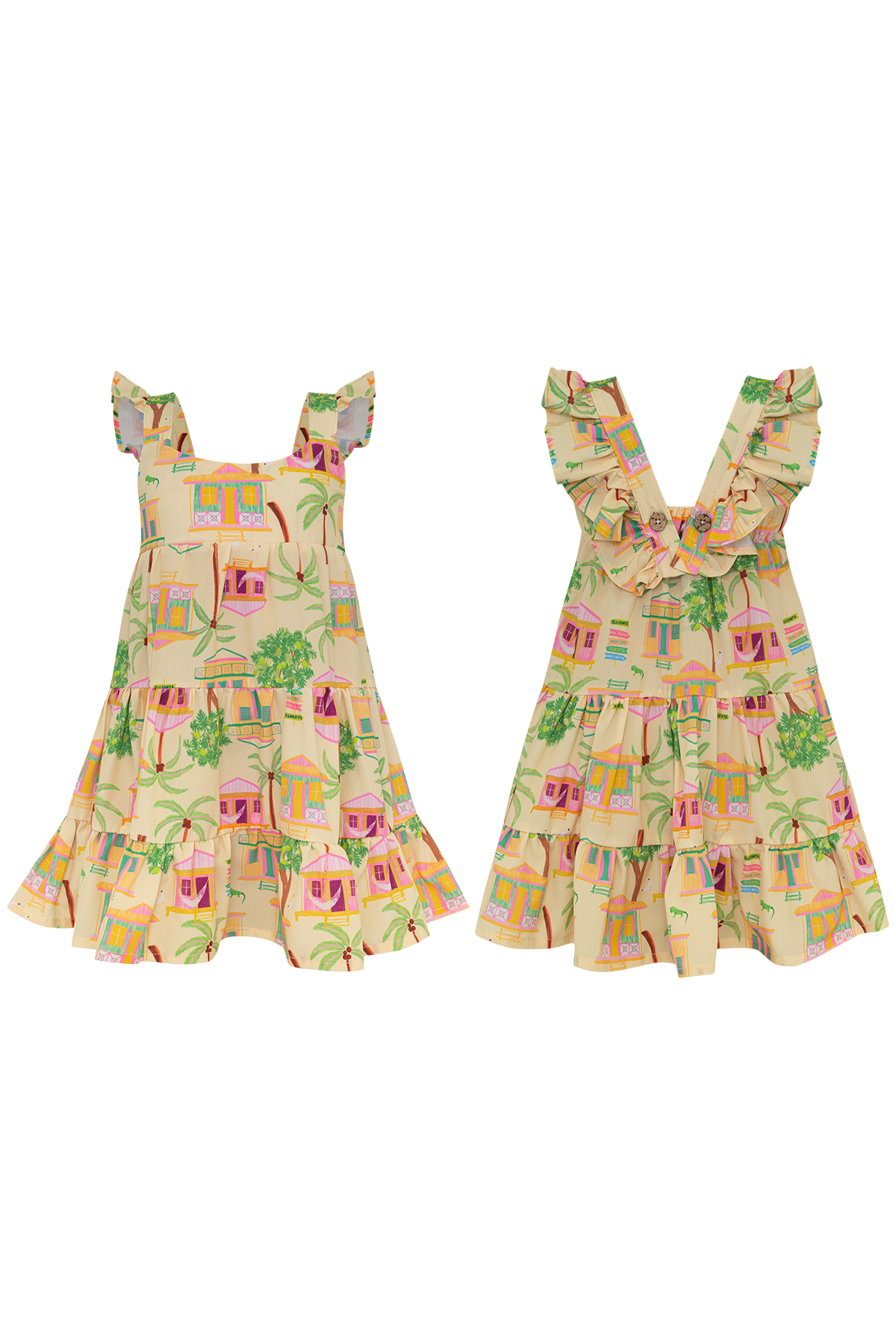 Vestido infantil para niña amarillo con falda de vuelo y tirantas cruzadas