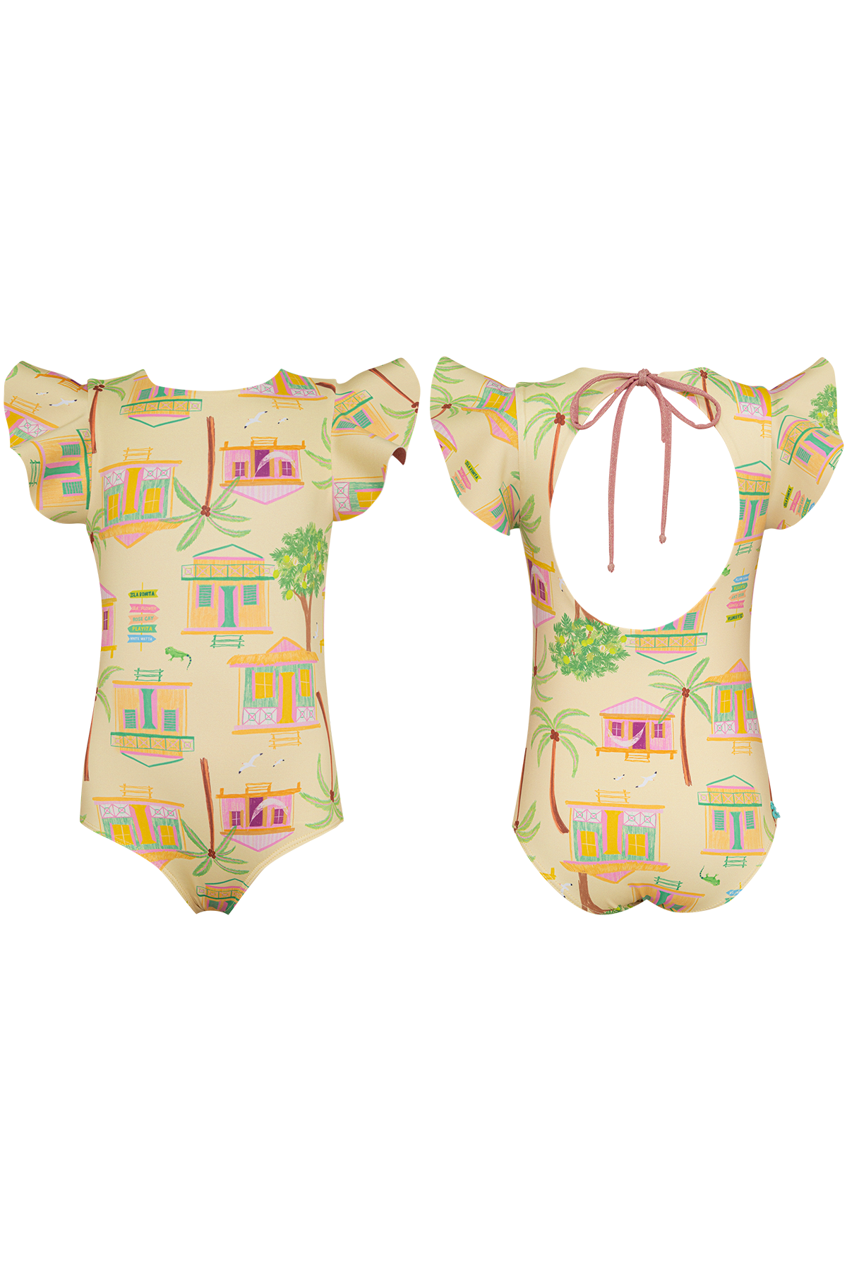 Vestido de baño enterizo amarillo para niña con mangas con vuelo