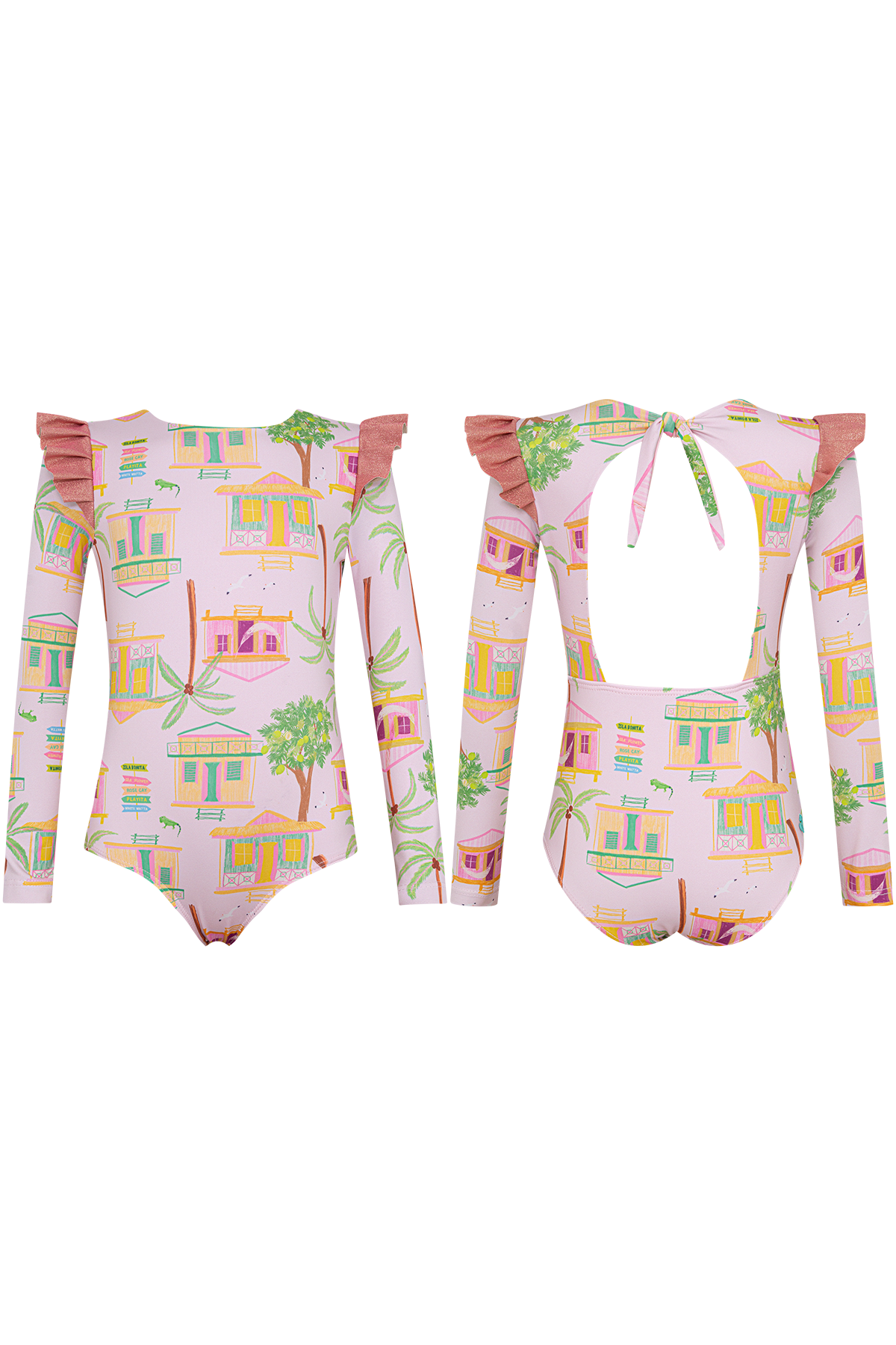 Vestido de baño enterizo rosado con manga larga y protección solar UPF 50+