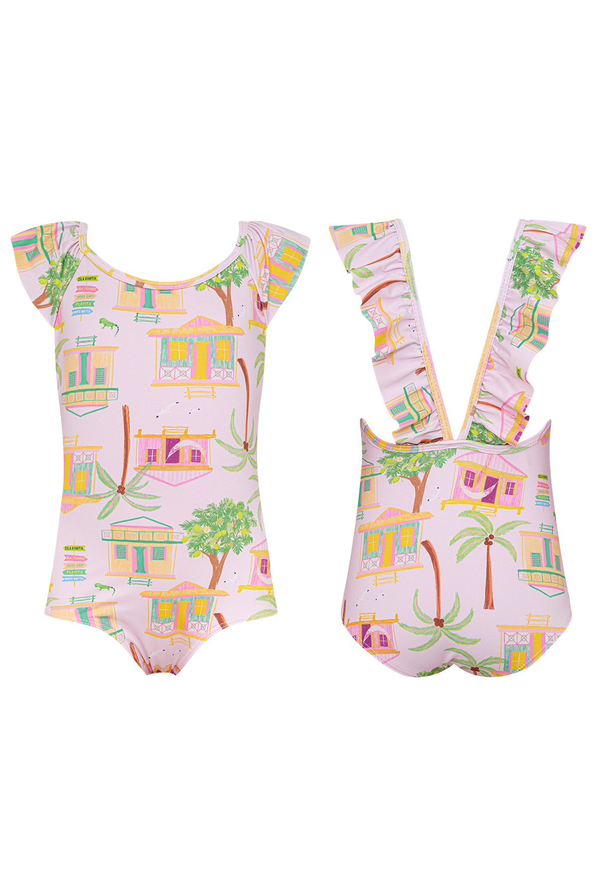 Traje de baño infantil rosado con escote redondo y espalda profunda con arandelas